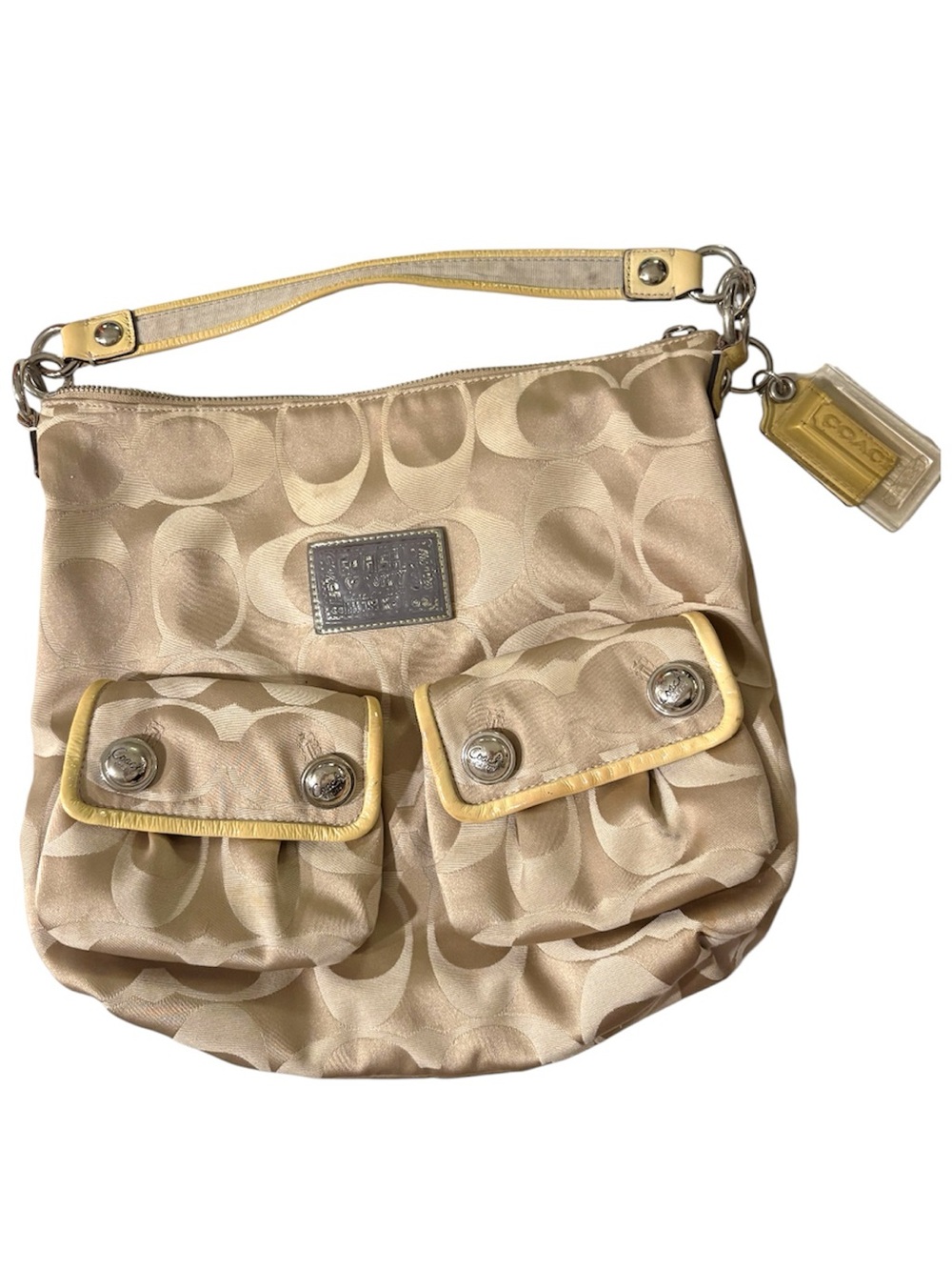 Coach Beige Signature Hobo with Yellow Trim